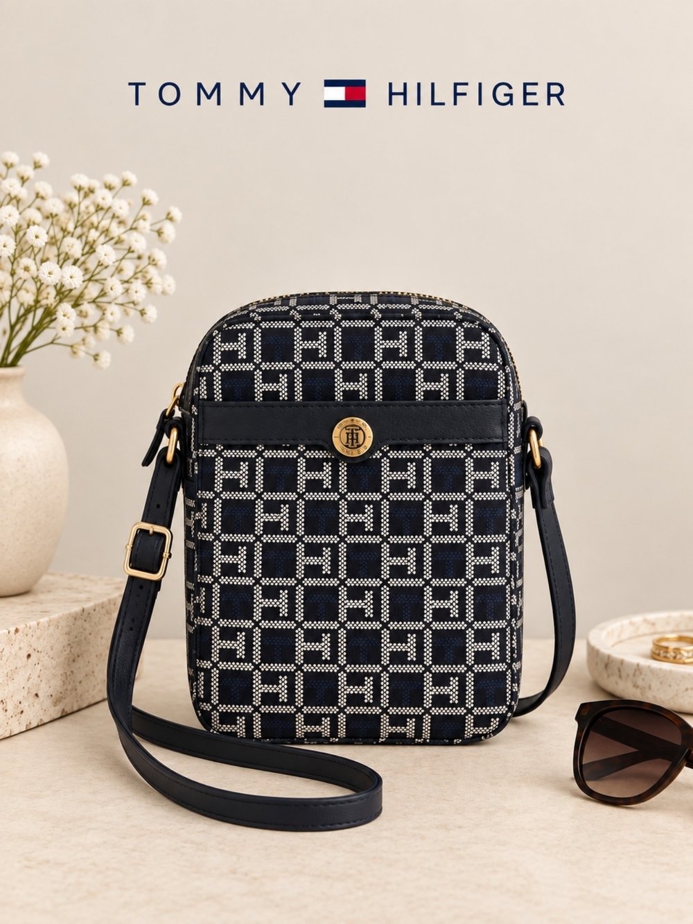 NWT Tommy Hilfiger Minimalist Navy & White Monogram Mini Crossbody Bag
